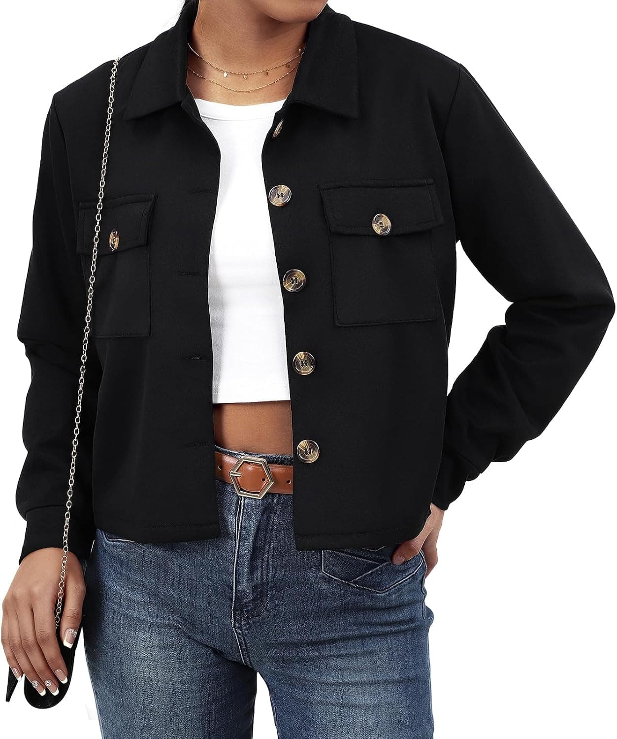 Women's Faux Suede Cropped Jacket Casual Button Down Fall Shacket Jackets Long Sleeve Outerwear Coats