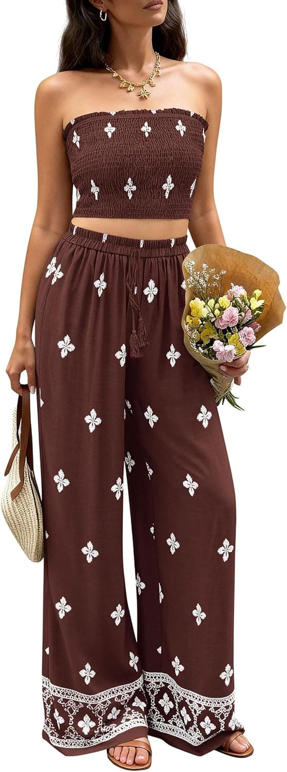 PRETTYGARDEN 2 Piece Sets for Women Summer 2026 Fashion Clothing Boho Tube Tops Wide Leg Pants Cruise Beach Vacation Outfits - image 1