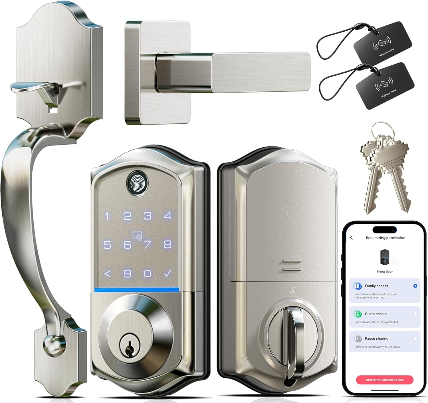 Veise VE017-H Fingerprint Smart Front Door Lock Set, App Control, 8-in-1 Keyless Entry Deadbolt with Zinc Alloy Handles, Emergency Power Port, Touchscreen Keypad, Auto Lock, Easy Install, Satin Nickel