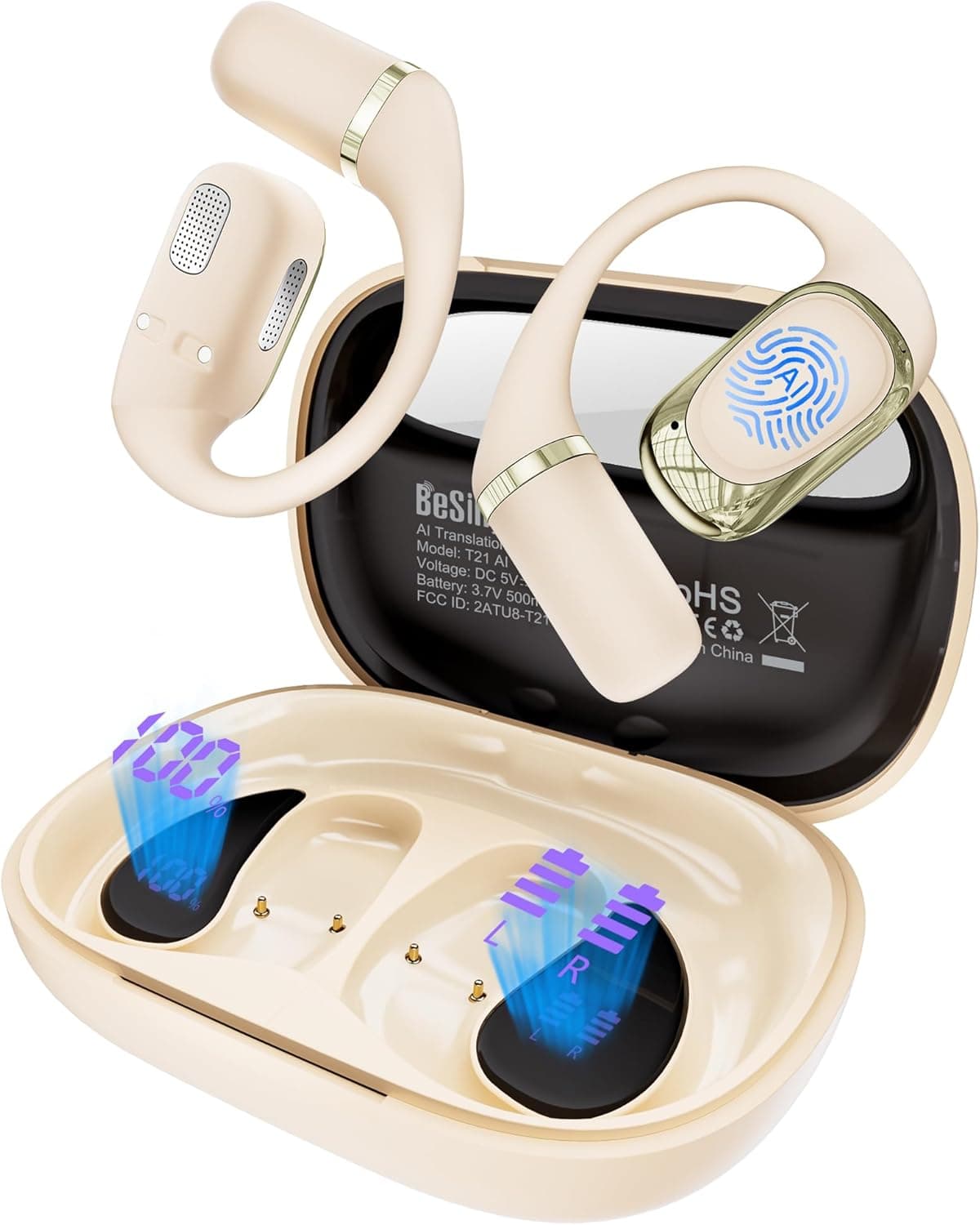 AI Translation Earbuds Real Time, 4-in-1 Open Ear Headphones for Travel/Music/Business, 100 Languages Translator Earbuds, Audifonos Traductores Inglés Español, IPX7, Clear Calls, 50H Playtime