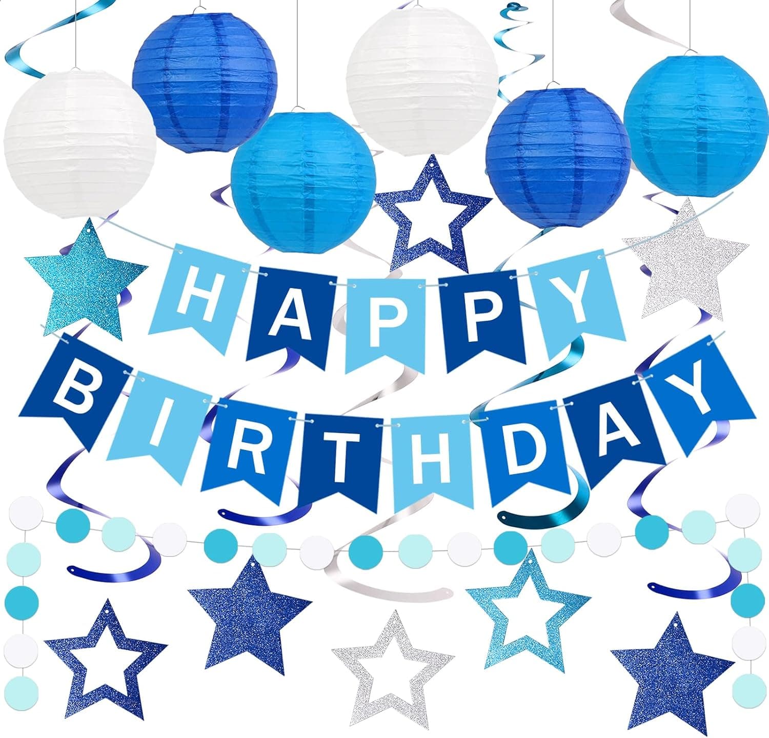 Happy Birthday Decorations, Blue Birthday Party Decorations Set with Happy Birthday Banner, Paper Lanterns, Star Swirl Hanging Decorations & Circle Dots Garland