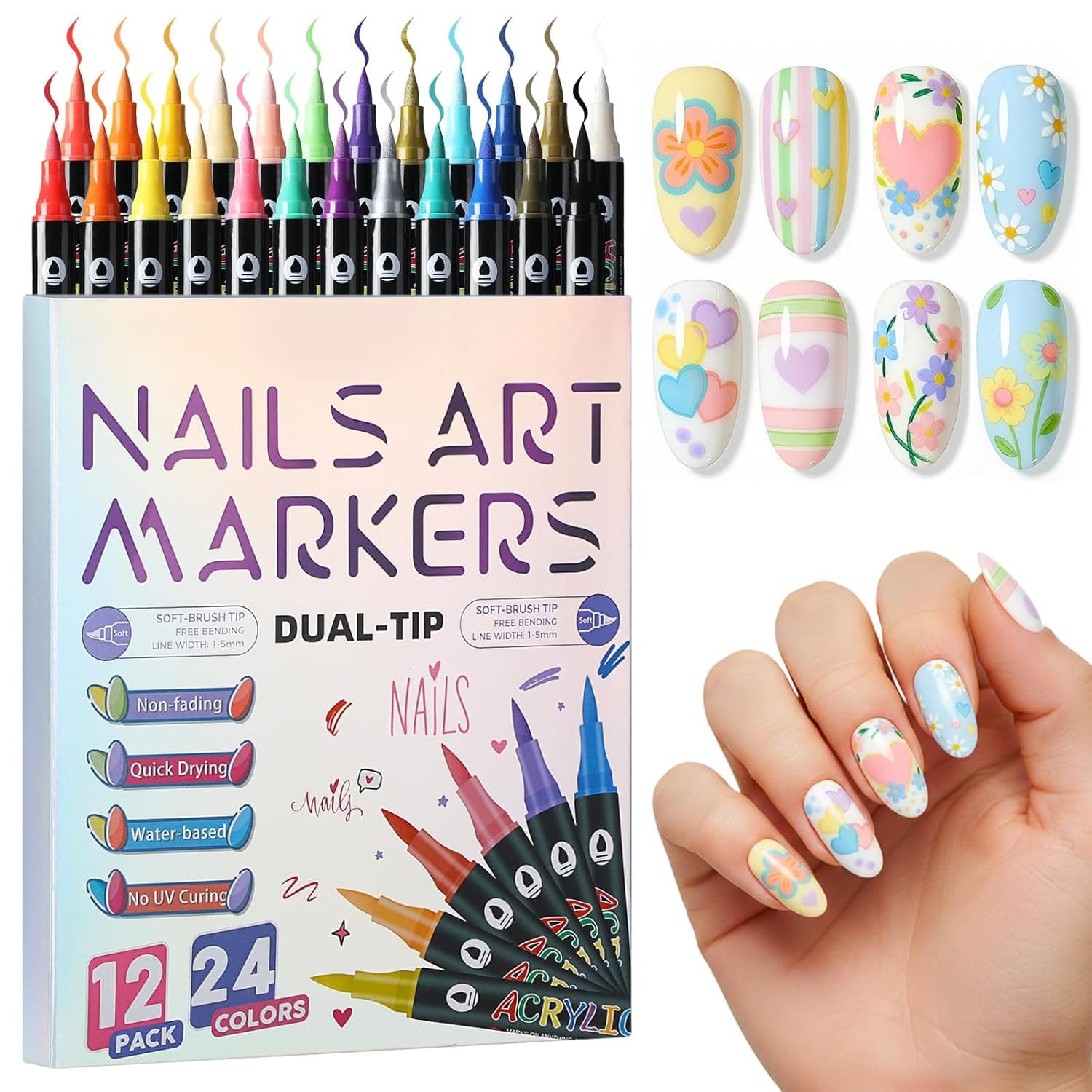24 Colors Nail Art Markers Pens Set (12Pcs-Dual), Acrylic Nail Art Marker, 3D Dotting Liner Brush Quick-Drying Fine Tip Nail Polish Pen for DIY Home Salon, Beginners Manicure Drawing Tools