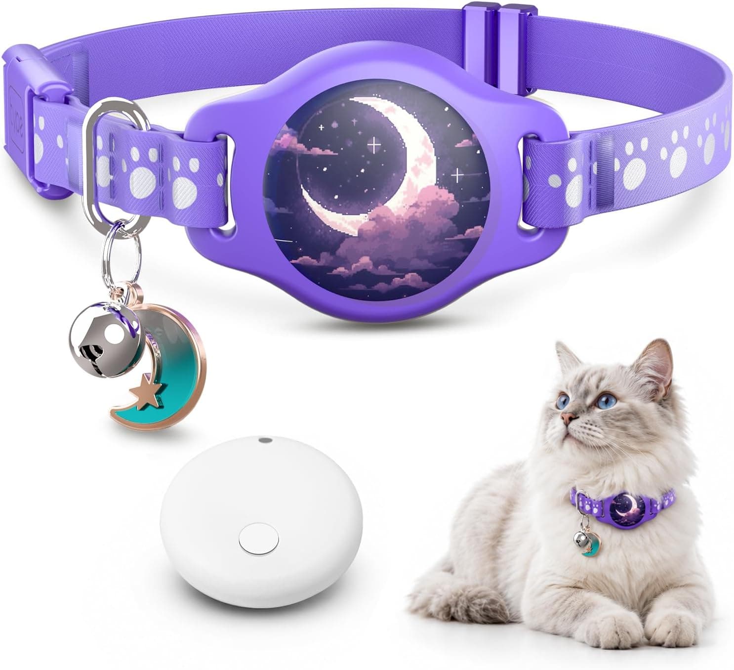 Cat Tracker Collar - Waterproof Airtag Cat Collar with Finder Tag (iOS ONLY), Compatible with Apple Find My, Breakaway Tractive Design with Reflective Pattern & Bell, Purple(Not for Android Devices) - image 1