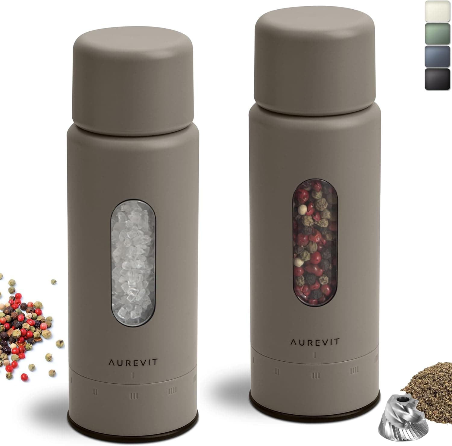 Salt And Pepper Grinder Set Manual, Salt And Pepper Mill With Ceramic/Stainless Steel Core, External Adjustable Coarseness, Refillable, Durable (2 Packs, Greige)