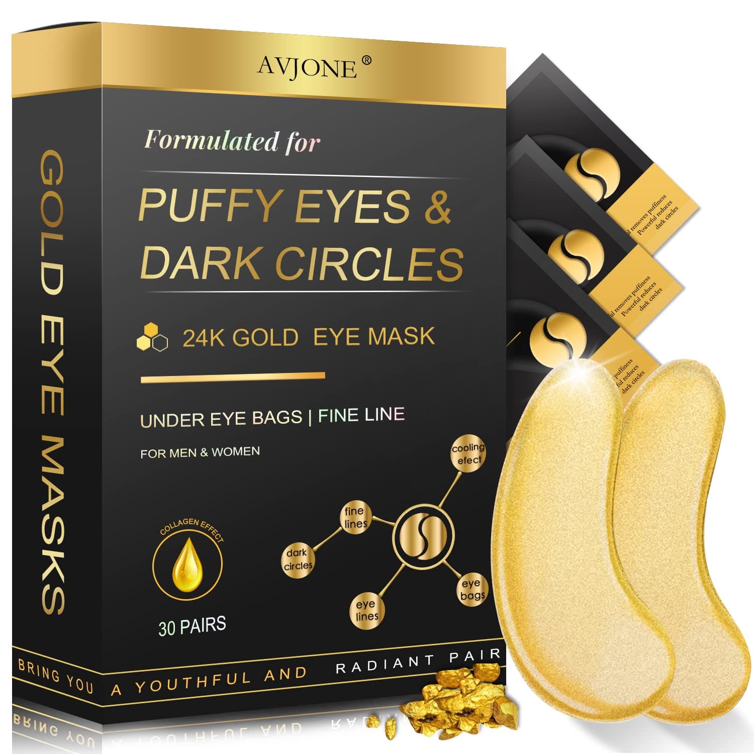 24K Gold Under Eye Patches (30 Pairs), Collagen Eye Masks for Dark Circles and Puffiness, Eye Patches for Women Puffy Eyes, Revitalizes and Refreshes Your Skin