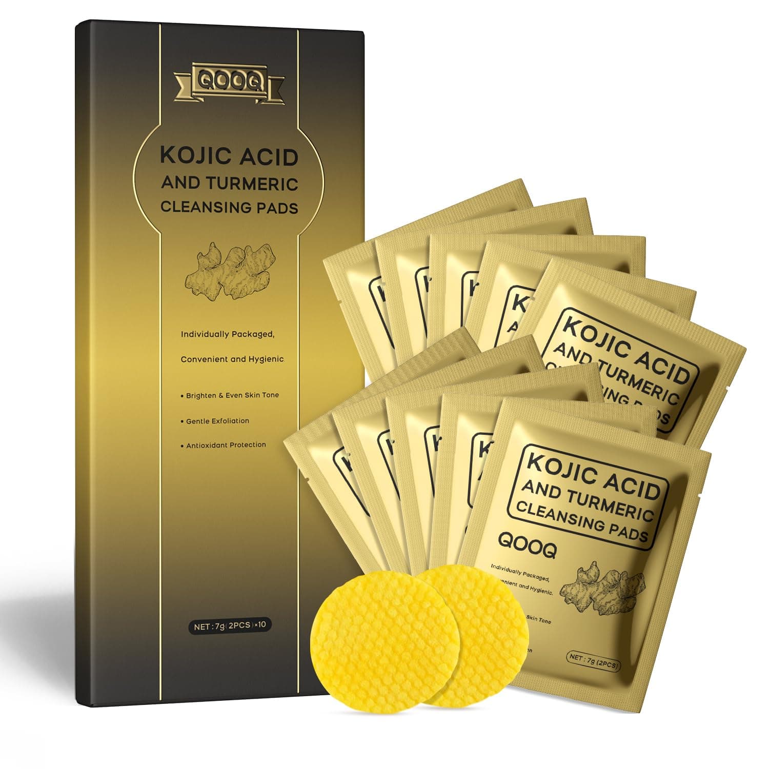 Individually Sealed Turmeric Kojic Acid Cleansing Pads - Stays Fresh, Hygienic! (20 Pads) - Gentle Brightening Exfoliator for Dark Spots & Hyperpigmentation, Travel-Size - image 1