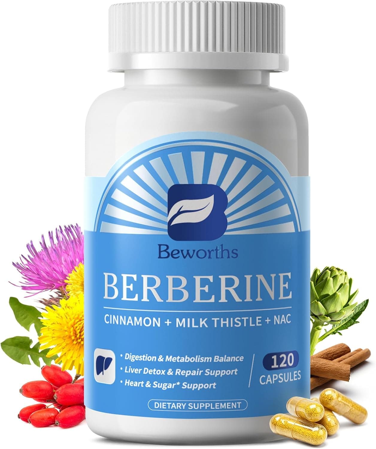 Berberine HCL Supplement - Berberine with Ceylon Cinnamon, NAC, Milk Thistle Metabolism & Liver Detox Support | Liposomal Berberine with Turmeric, Choline for Immunity, Gut Health - 120 Cap