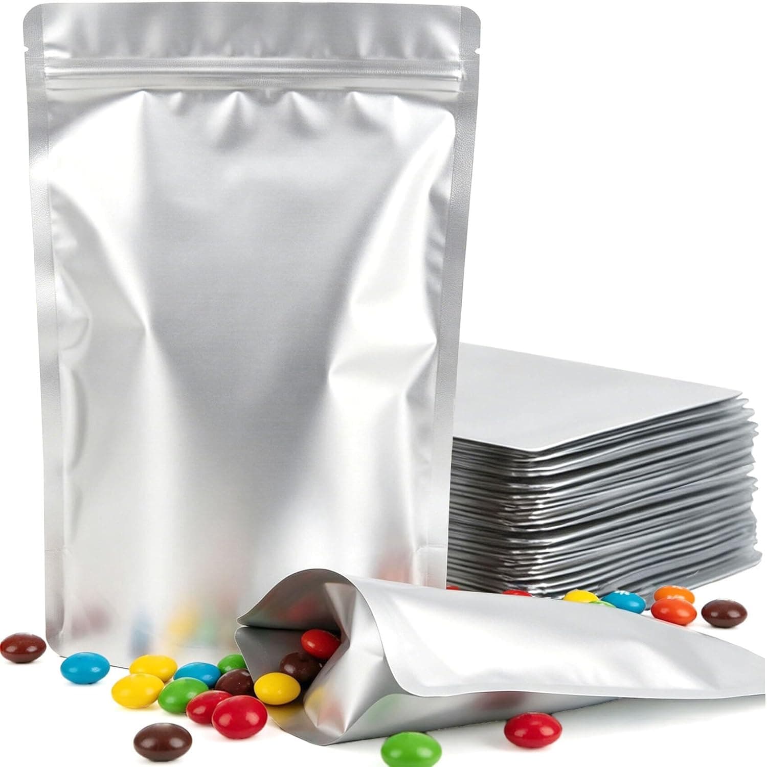 50pcs Resealable Food Storage Bags Stand Up Aluminum Foil Ziplock Pouches Heat Sealable 5.5"x7.5"