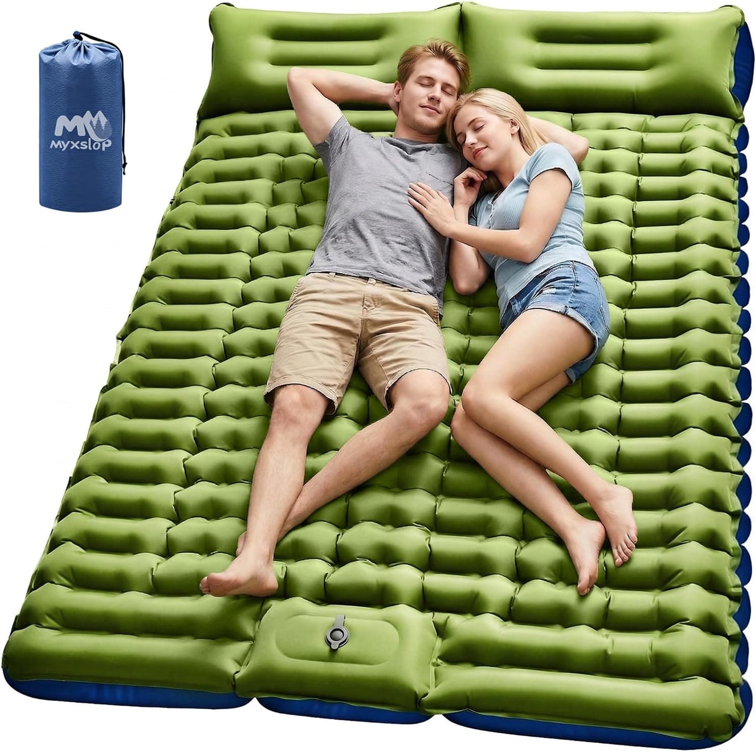 Myxslop Double Sleeping Pad for Camping, 4" Extra-Thick 2 Person Inflatable Camping Mattress with Built-in Pillow & Foot Pump