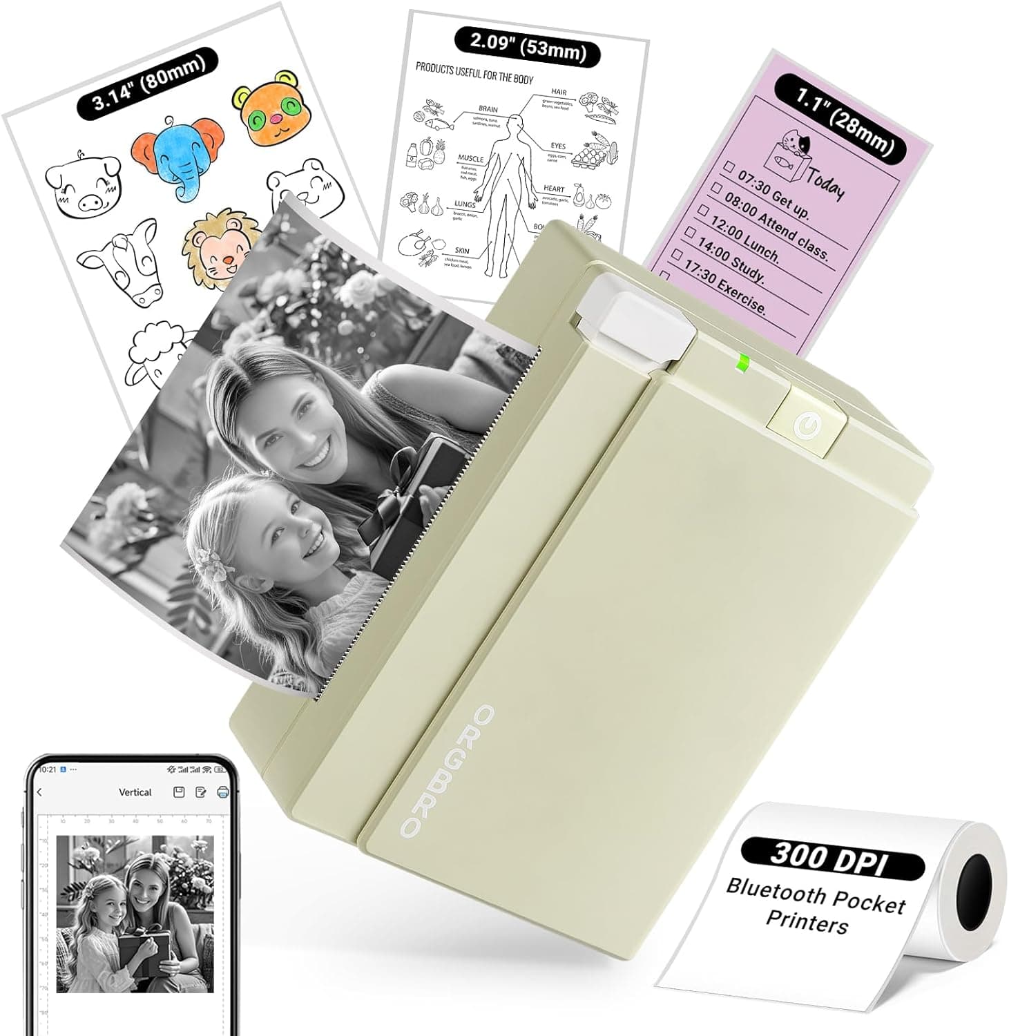 ORGBRO Sticker Printer Machine, X3 Mini Printer Print Pods Portable Thermal Inkless Sticker Maker, 2-3 Inch 300 DPI Bluetooth Pocket Printers for Smartphones, Notes, Journal, Photos, DIY, Kids Gift