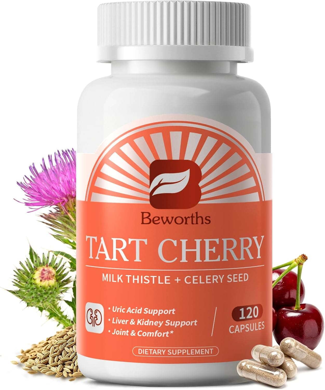 Tart Cherry Capsules | Milk Thistle & Celery Seed - Uric Acid & Liver Detox Cleanse | 600mg Tart Cherry Extract (10:1) Supplement with Turmeric, Magnesium, Dandelion for Uric Acid Purge, Joints, Zzz
