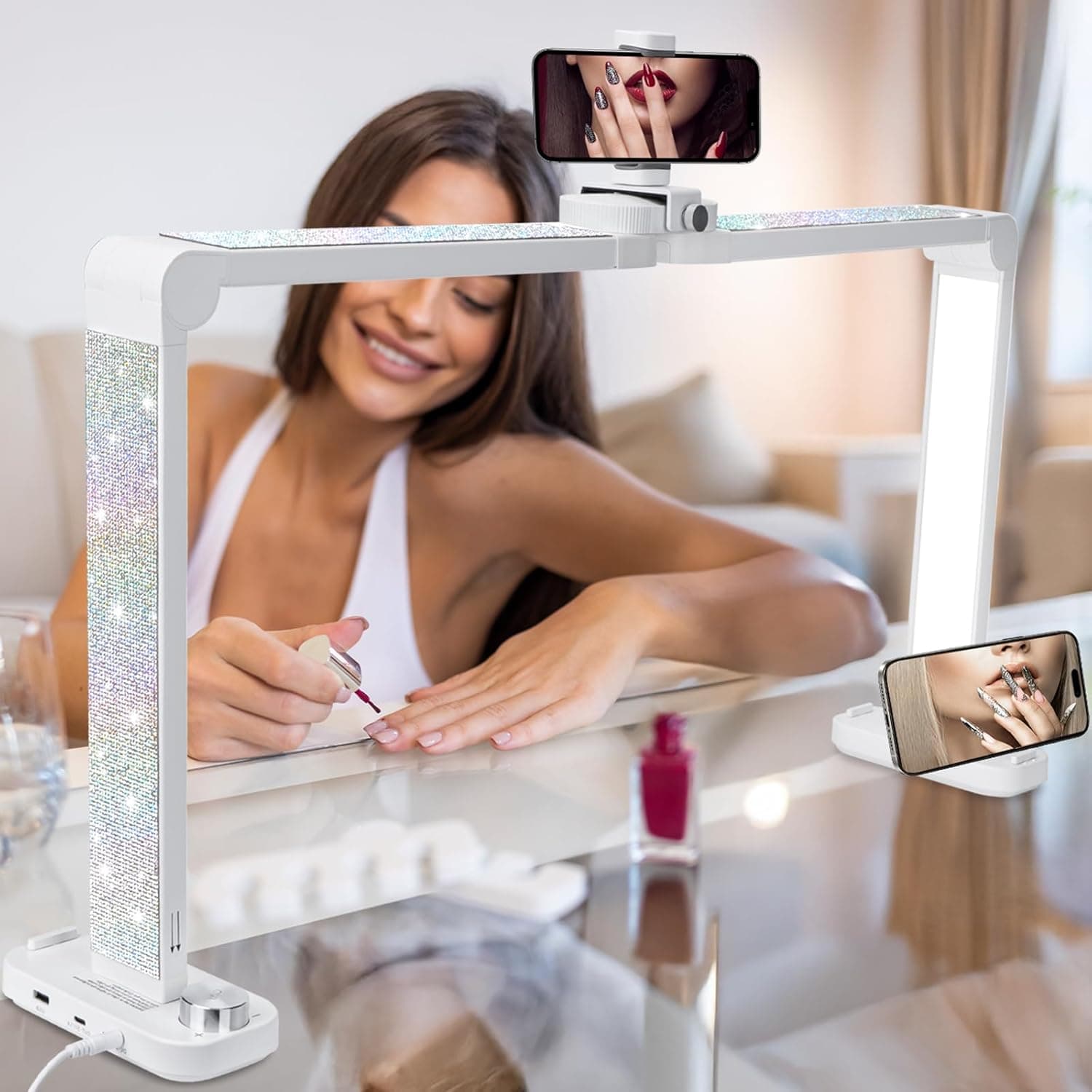 34in Nail Light for Desk Foldable Large Half Moon Lamp Suitable for Nail Tech Beauty Manicure Eyelash Extension Tattoo Eyebrows Crafts Stepless Brightness with 3 Color Modes Infinitely Knob