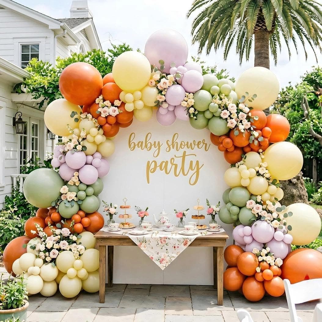 Double Stuffed Sage Green Orange Yellow Balloon Arch Garland Kit | Pale Purple Lavender, Ivory latex Balloon for Neutral Baby Shower, Summer Birthday, Bridal Wedding, Farmers Market Party - image 1