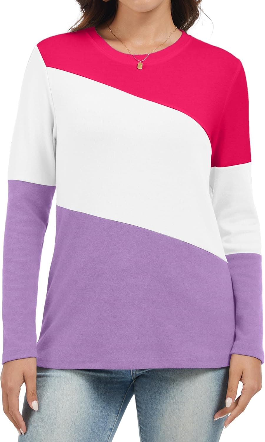 Jeqeocafy Women's Color Block Tunics Tops Crewneck Long Sleeve Shirts Casual Pullover Loose Fit T-Shirt