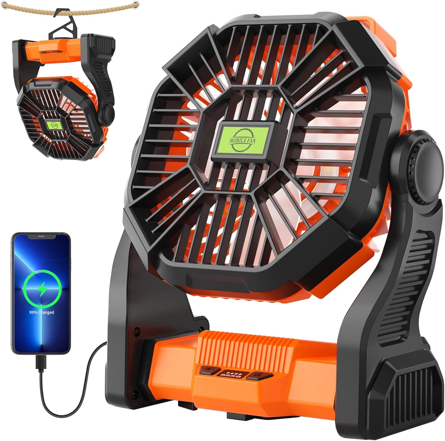 Portable Fan Rechargeable Battery Powered Fan,20000mAh Cordless Battery Operated Camping Fans with LED Light & Hook,USB Personal Fans Outdoor Camping Essentials Beach Tent for Travel Reading - image 1