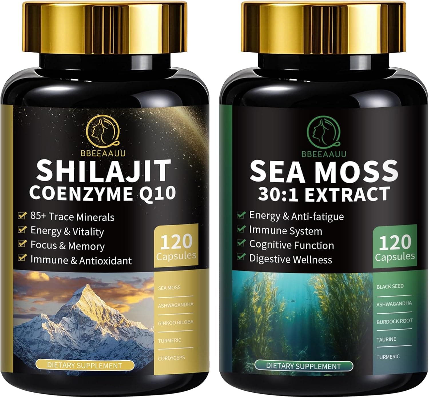 Shilajit for Men, Sea Moss and Shilajit Bundle, All in 1 Supplements with Coenzyme Q10, Black Seed, Ashwagandha, Taurine, Burdock for Energy, Endurance, Antioxidant & Immune Support, 240 Capsules