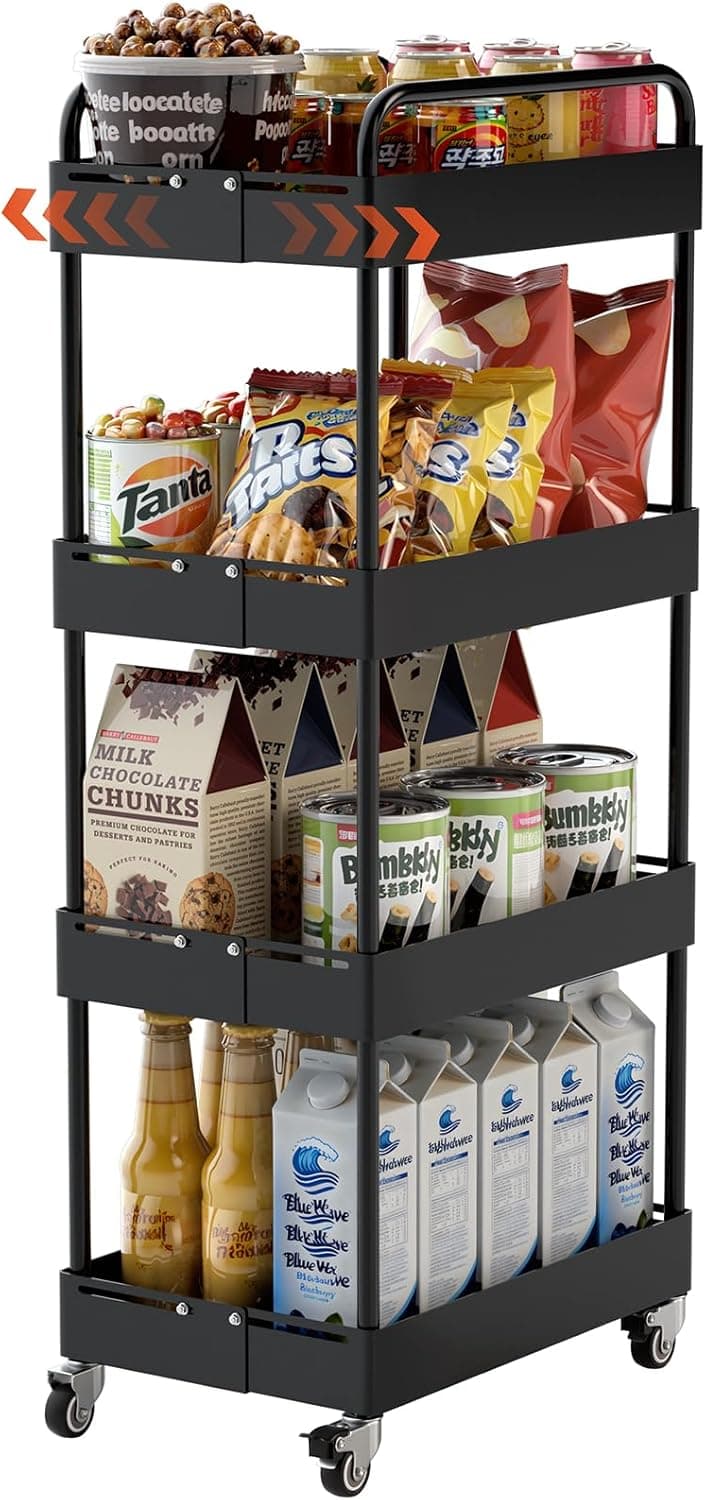 HOTEAGLE Rolling Cart 4-Tier -Adjustable Width & High Adaptability Metal Utility Cart on Wheels, Ideal Storage Organizer for Livingroom, Kitchen and Bathroom, Black - image 1