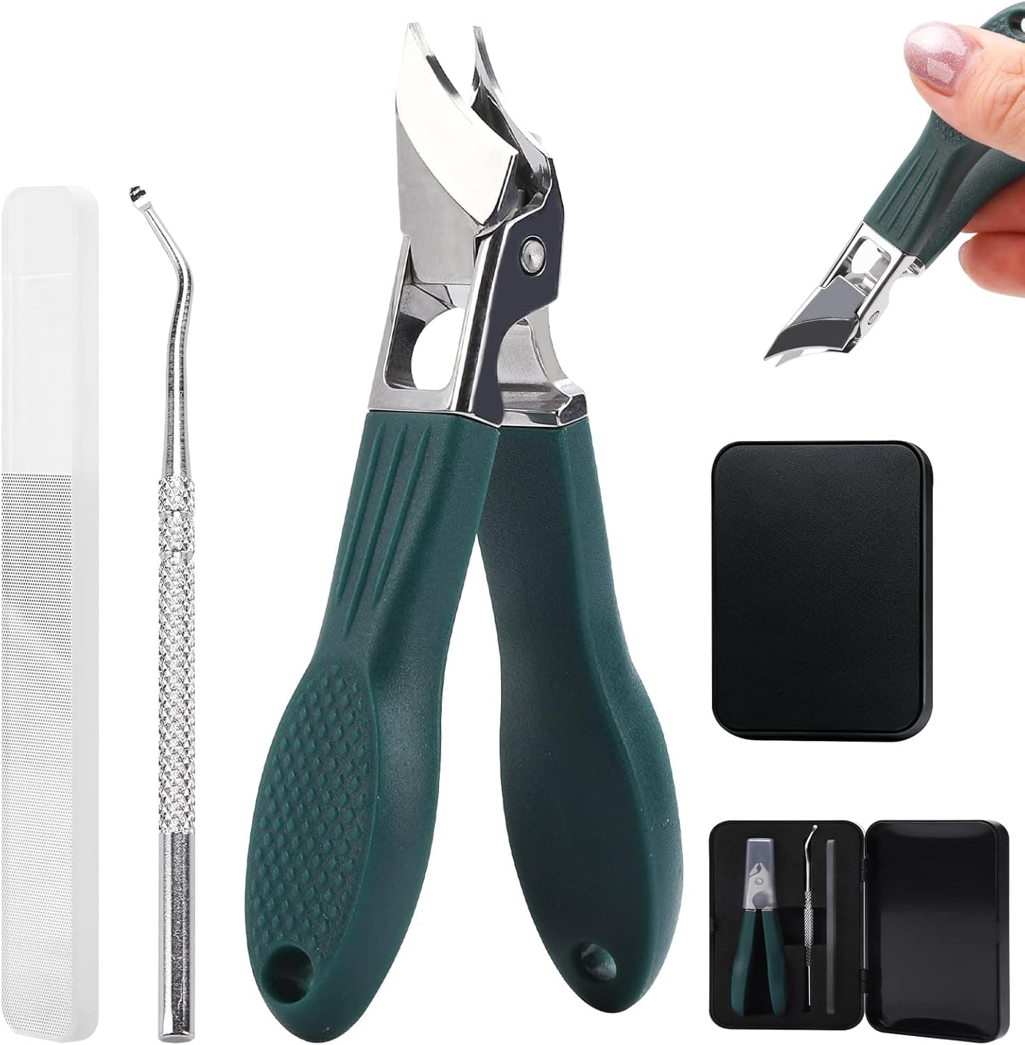 Eagle Beak Nail Clippers for Ingrown & Thick Nails – Beveled/Slanted/Angled Blades, Long Handle Wide Jaw, Anti-Splash Ultra Sharp Stainless Steel Edge 3-Piece Set for Men/Women (Green)