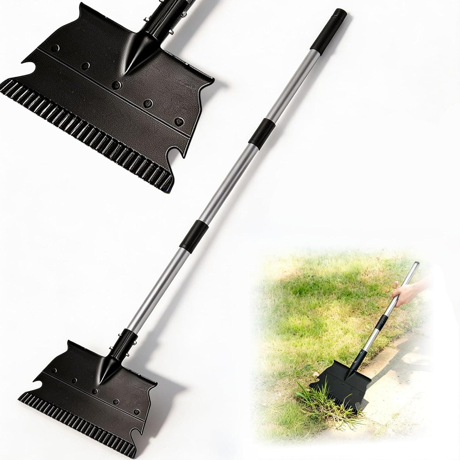 Garden Flat Shovel, 50" Weed Removal Tool with Detachable Pole, Manganese Steel Weeding Shovel with Reinforced Rib & Wavy Anti-Curl Edge, Scraper for Lawn Edging, Driveway Cleaning