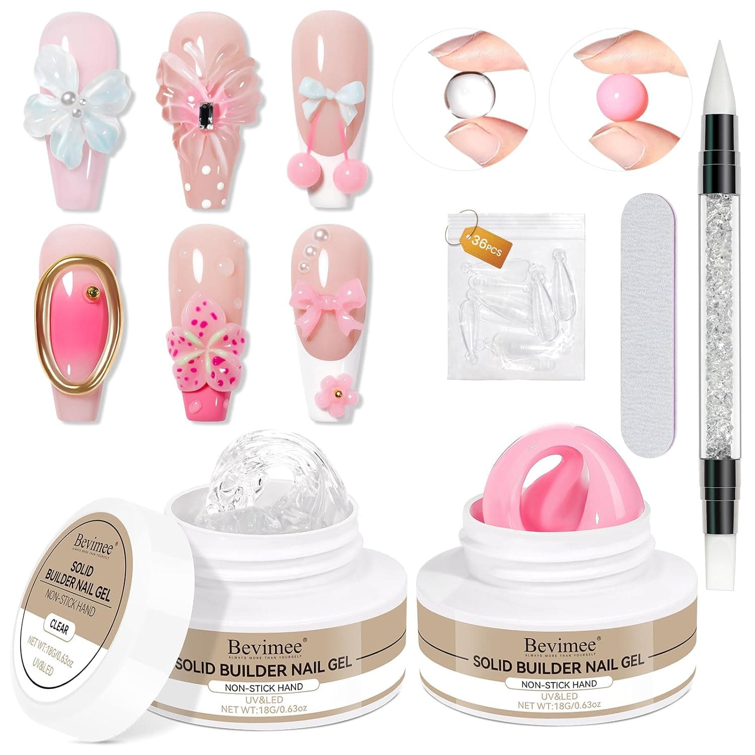 3d Sculpting Gel for Nail Art, Solid Builder Gel for Nails Clear&Pink 2PCS Non-Stick Hand for Modeling Sculpture Nail Extension UV/LED Manicure DIY at Home