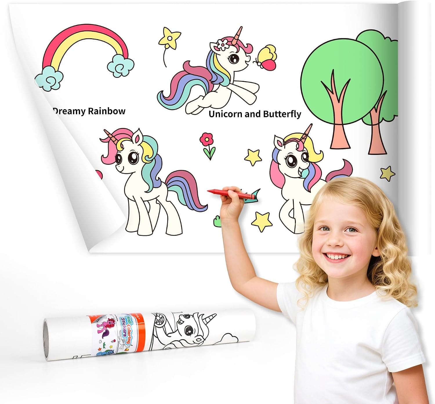 YPLUS Children Drawing Roll, Coloring Paper Roll for Kids, 120 x 11.8 Inch Sticky DIY Painting Drawing Paper Rolls for Toddler, Kids' Gift, Party Activities, Wall Coloring Paper Stickers - Unicorn - image 1