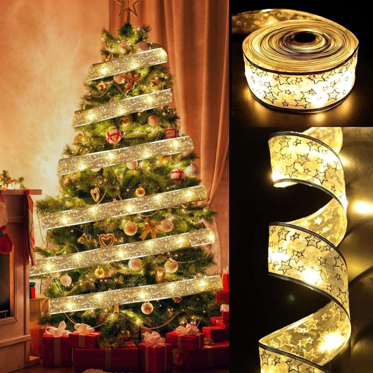 YUNGSUN Gold Christmas Tree Decorations Ribbon Lights, 64ft 200 LED String Lights, Battery-Powered Copper Wire Ribbon Lights for Holiday Party Weddings Indoor Christmas Tree Decorations