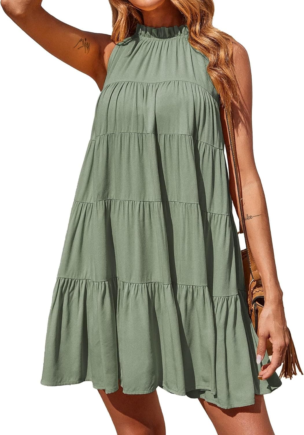Okiwam Womens Summer Dress 2026 Sleeveless Halter Neck Flowy Mini Sundress Casual Babydoll Spring Beach Vacation Clothes