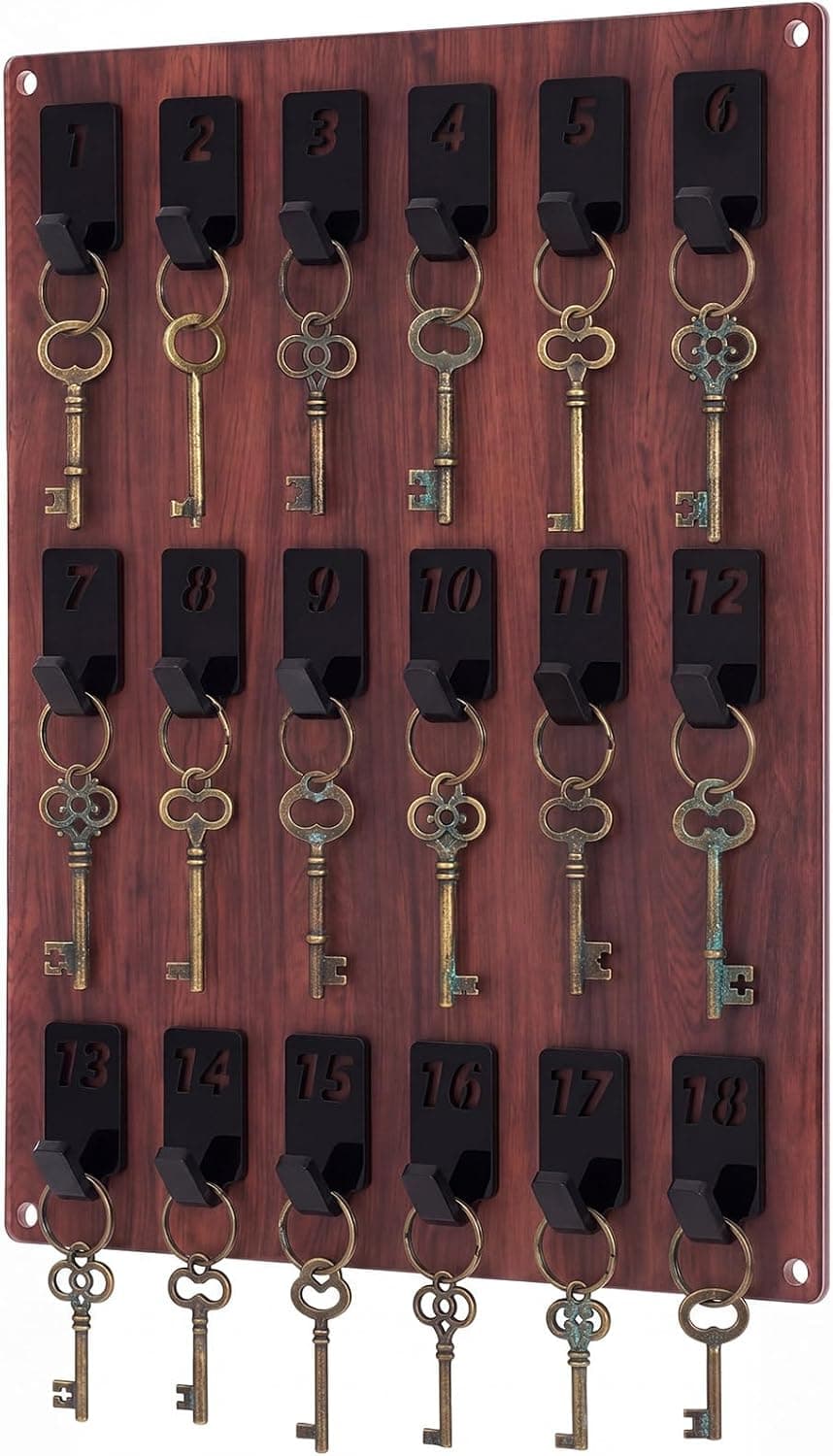 Acrylic Key Board with 18 No. Hooks Wall Mount Key Rack Holder Hanger Storage Collection for School, Garage, Car Dealer, Office, Hotel, Real Estate(Wood Grain)