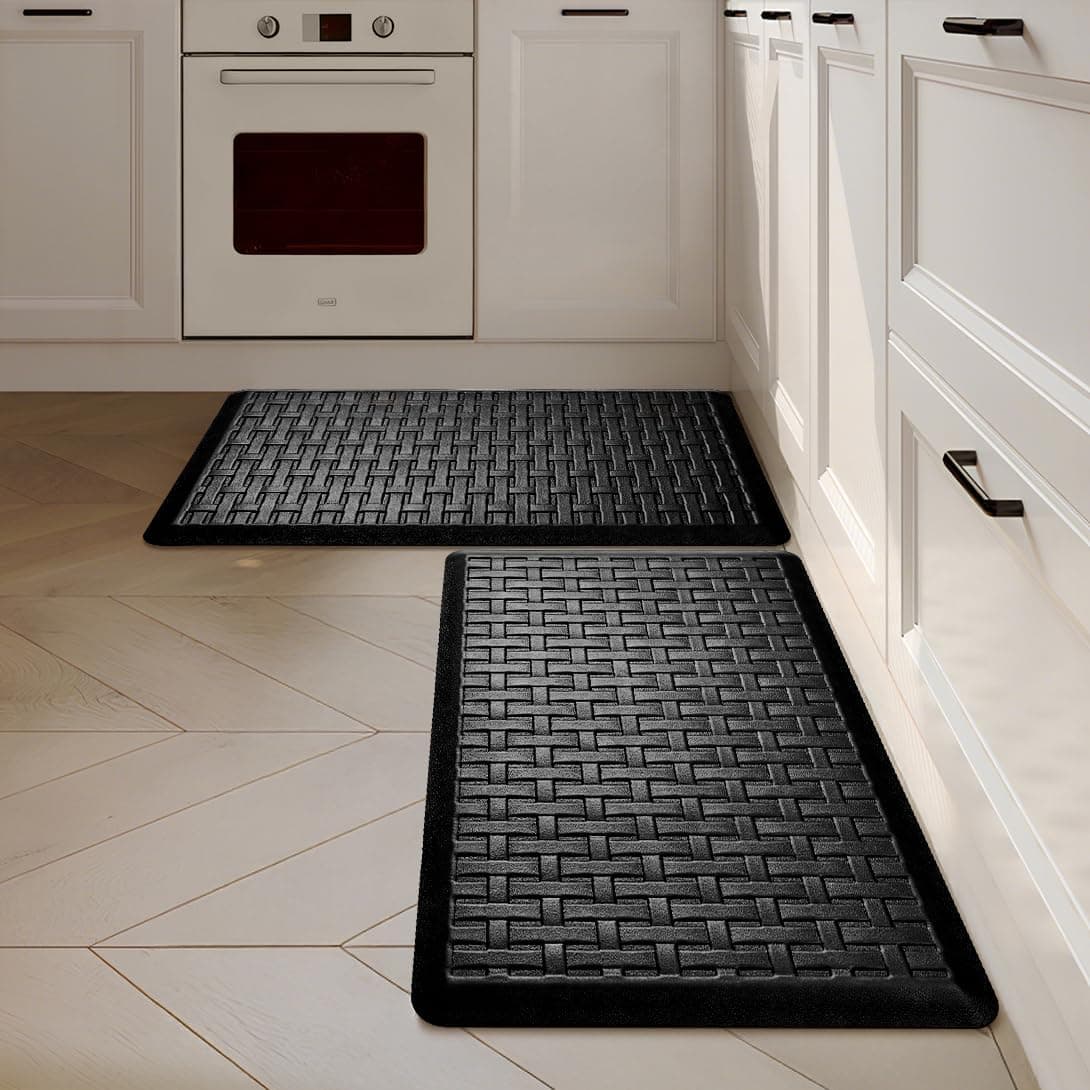 UKISS 2PCS Kitchen Rugs, Cushioned Anti Fatigue Kitchen Mats for Floor, Waterproof Kitchen Rug，Non-Slip Comfort Standing Mat for Kitchen (Black, 17.3"x28"+17.3"x28") - image 1