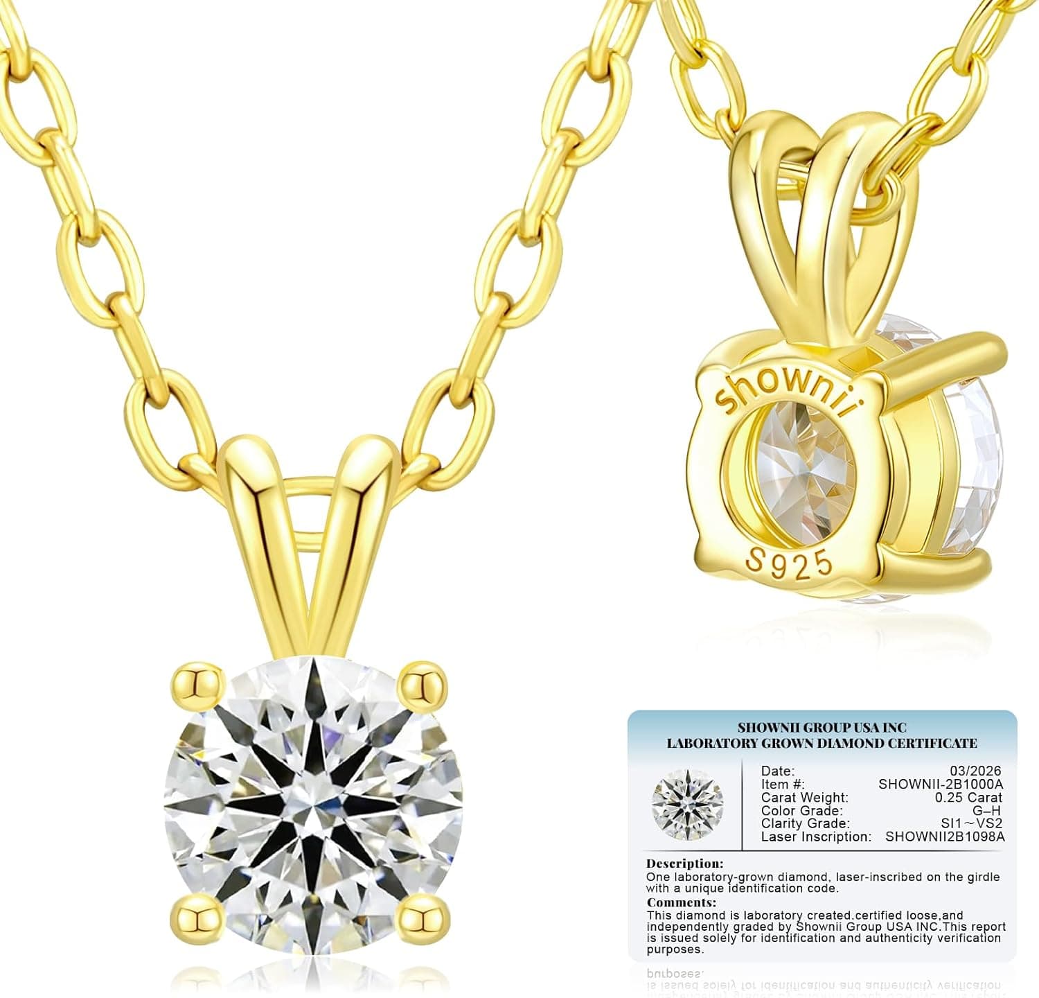 Diamond Necklace Graduation Certified LAB GROWN Round Diamond Solitaire Necklaces for Women 0.25-1CT 14K Gold Plated Sterling Silver 4 Prong Solitaire Pendant Jewelry (I-J Color, SI1-VS2 Clarity)