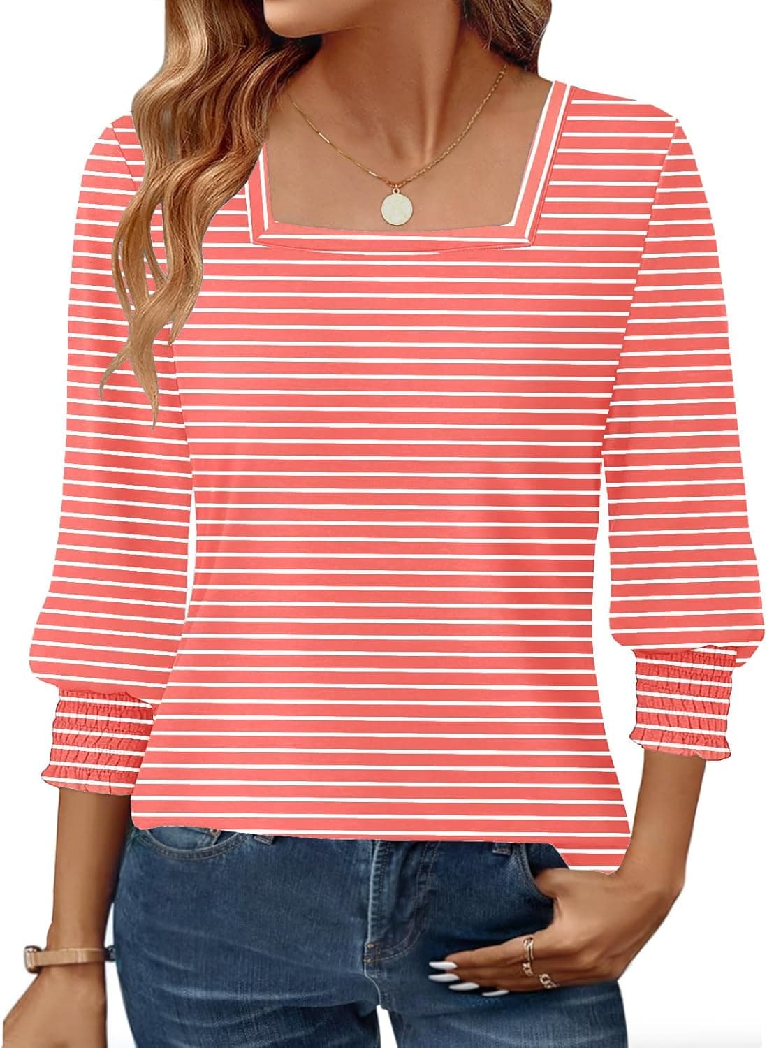 GKBK Womens 3/4 Sleeve Shirts Square Neck Dressy Casual Blouses Spring Summer Smocked Cuffs Tops - image 1