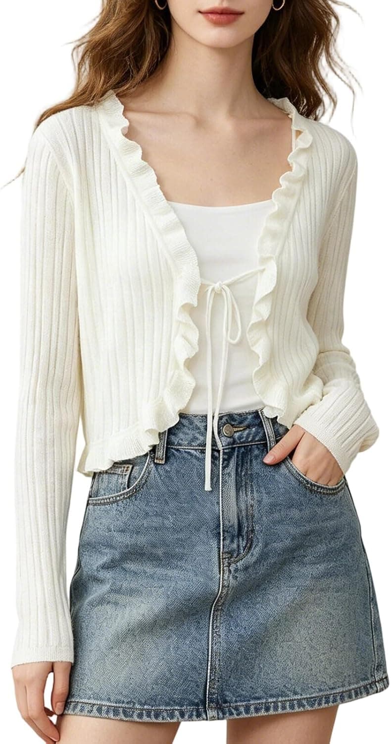 Womens Cardigan Knit Shrug Tie Long Sleeve Summer Casual Shawl Top - image 1