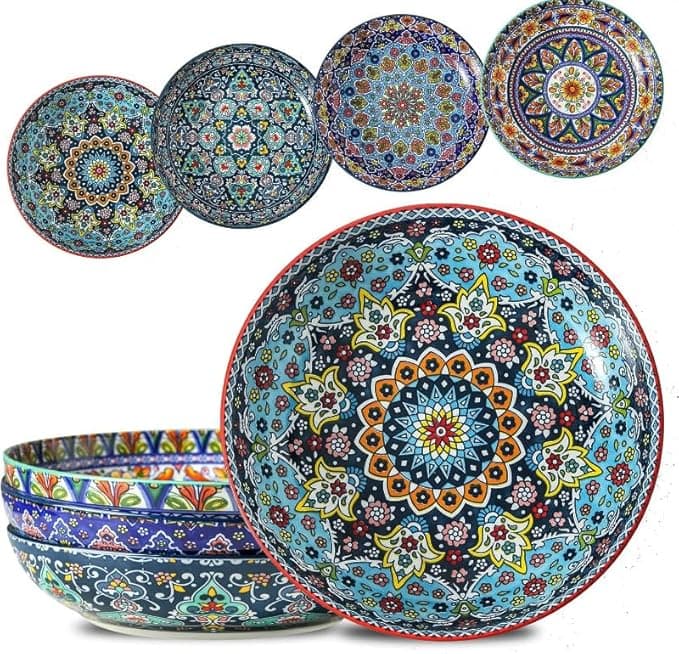 Pasta Bowls Set of 4, 42 oz Ceramic Salad Bowls for Kitchen, 9.7 Inch Colorful Serving Bowls for Soup, Dinner, Fruit, Dishwasher & Microwave Safe, Bohemian - image 1