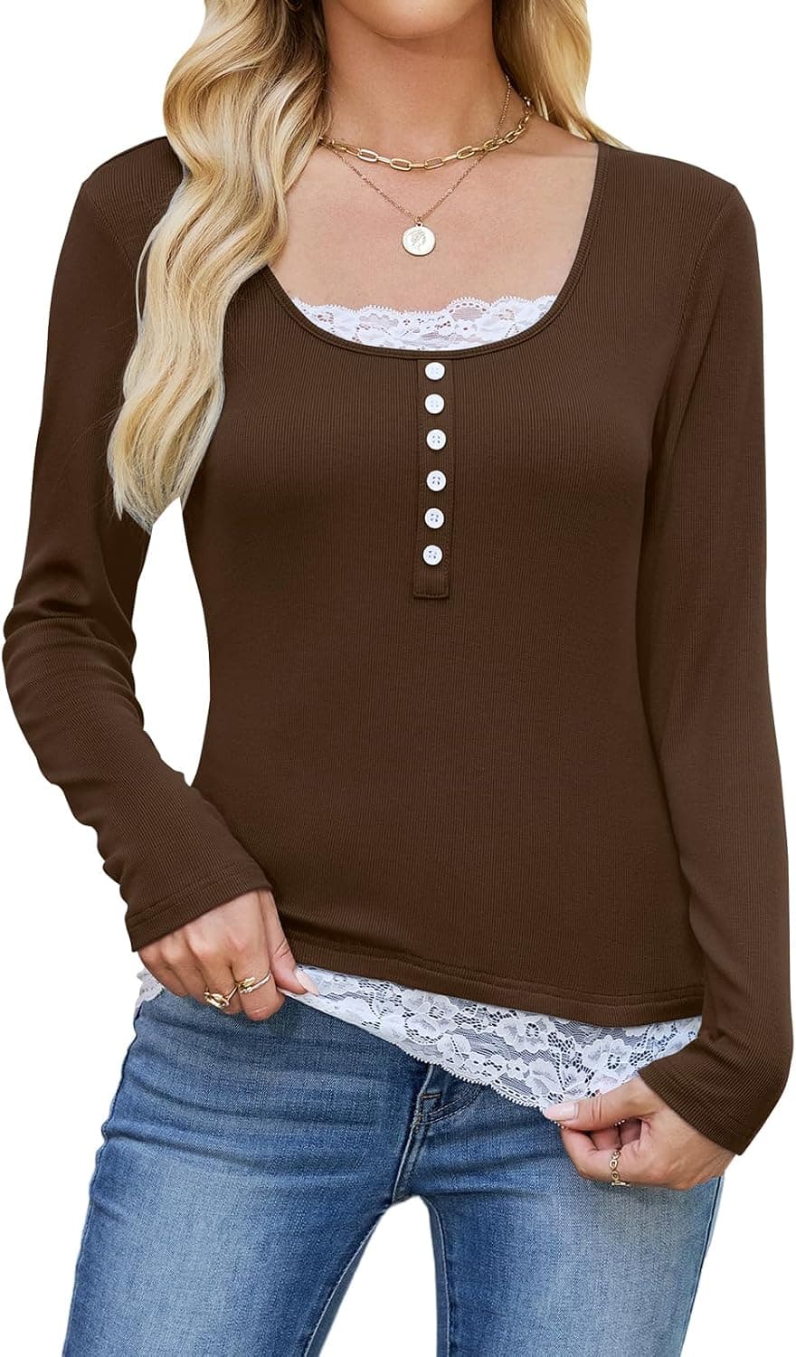 Y2k Shirt Women Long Sleeve Button Lace Patchwork Tshirt Tops Slim Fit Scoop Neck Henley Fall Tee