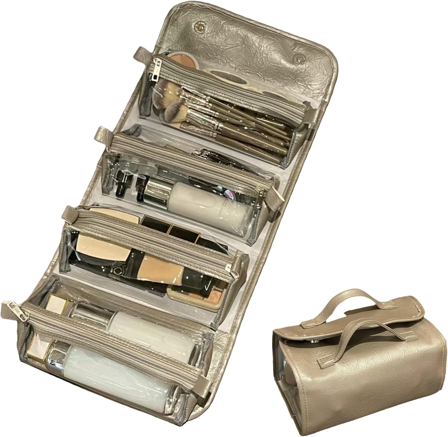 4-IN-1 Detachable Cosmetic Bag, Foldable Waterproof PU Leather Makeup Bag, Portable Travel Toiletry Organizer Bag for Women Daily & Travel Use (Premium Gray) - image 1