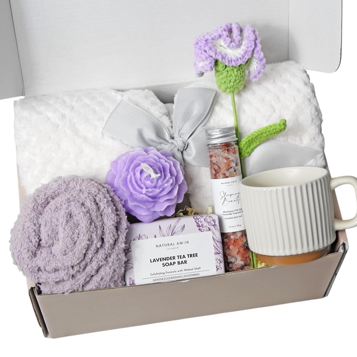 Sending Hugs Care Package for Women – Cozy Blanket Gift Box with Knitted flower, Soap, Bath Salt, Candle & Fluffy Socks | Self Care Spa Set, Birthday, Get Well Soon, Thinking of You Gift for Her - image 1