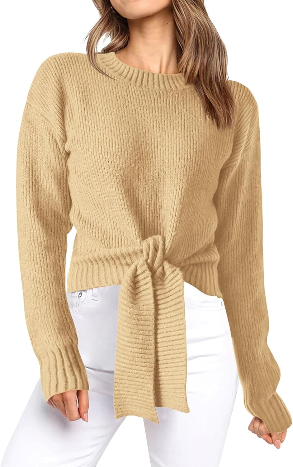 Okiwam Women's Long Sleeve Cropped Sweaters Casual Knit Pullover Tie Front Crew Neck Fall Outfits Spring Fashion Clothes 2026 - image 1