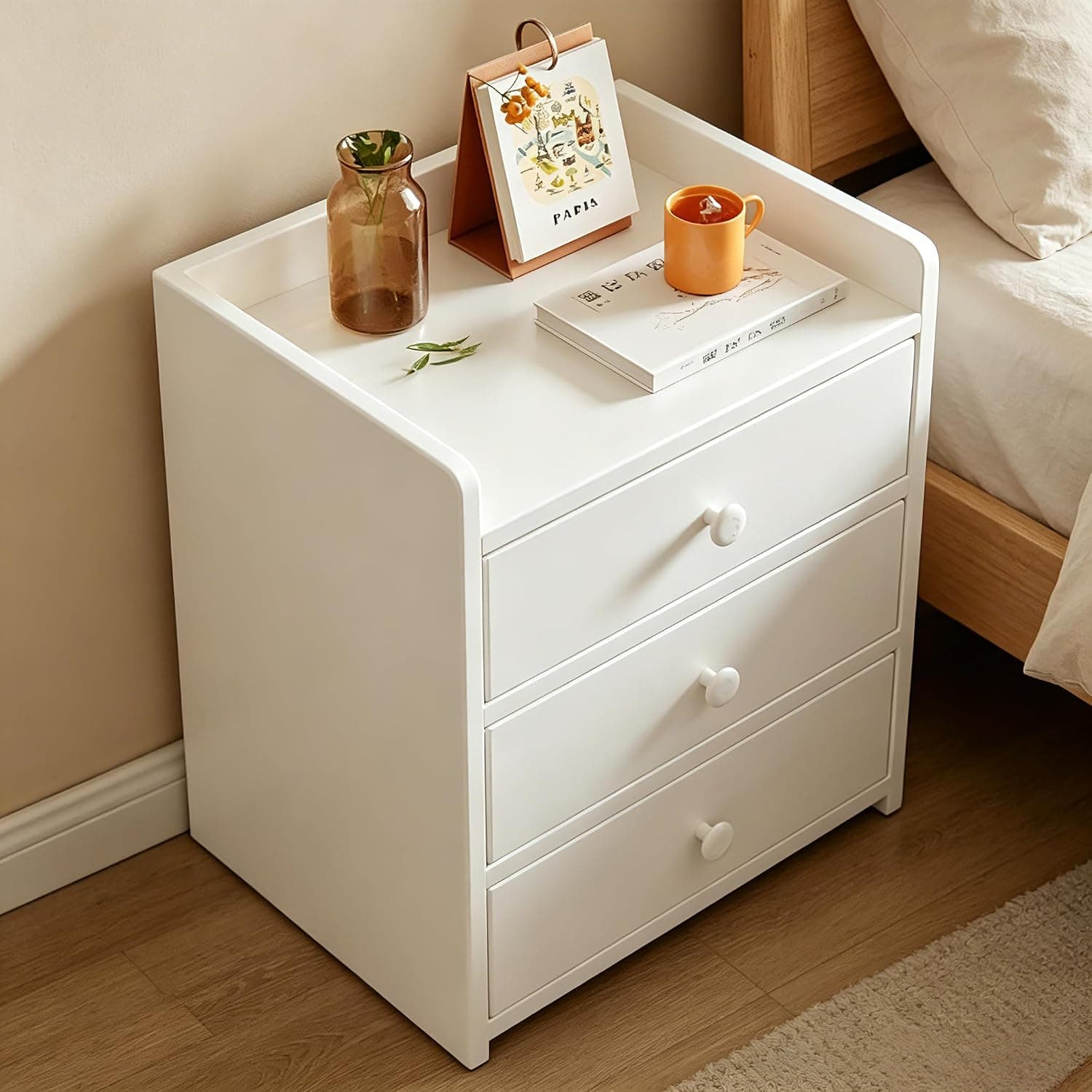 White Night Stand Modern Small Home Side Tables Bedroom Storage Cabinet Rental Room Living Room(12.6x10.2x18.9inch) Need to Assemble by oneself