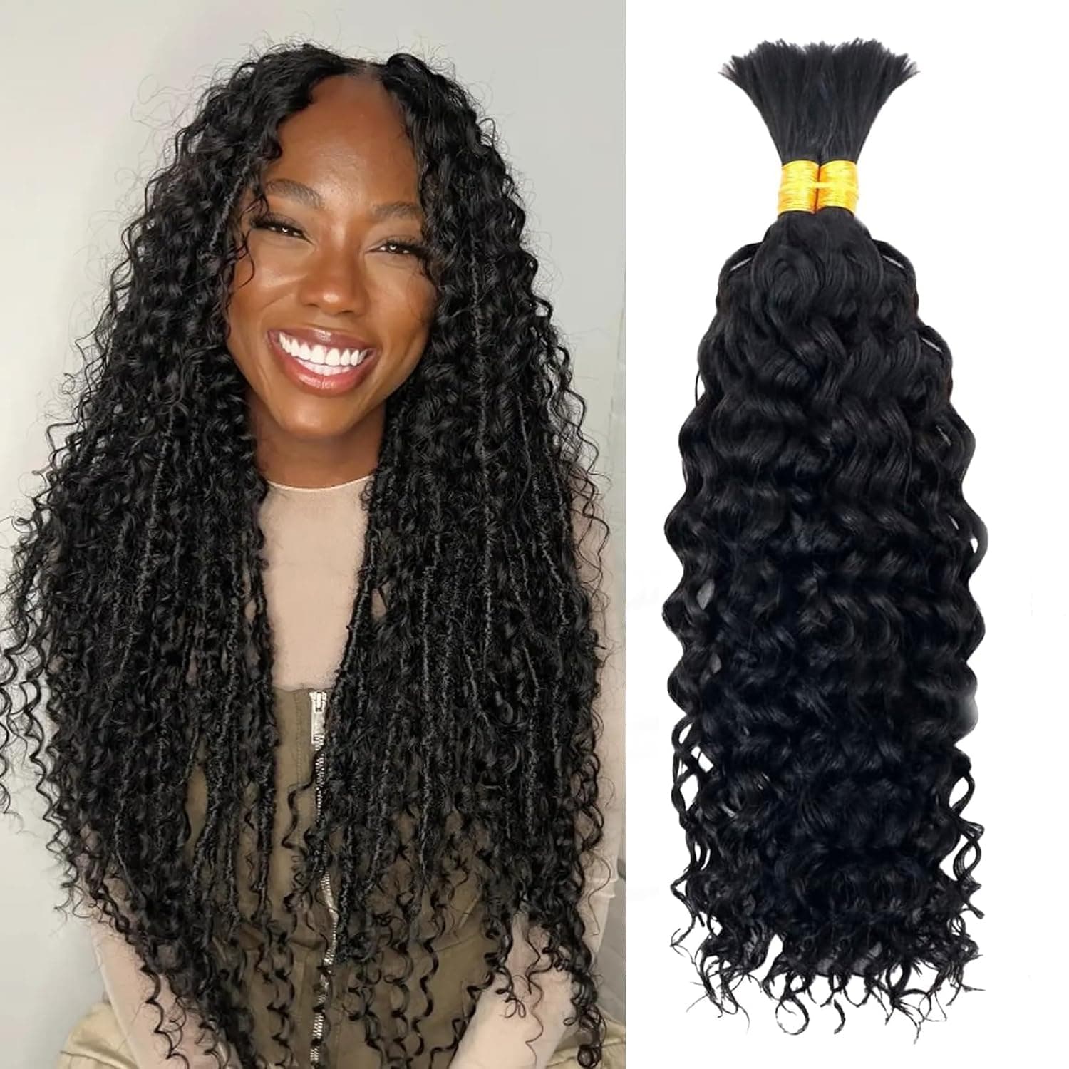 Human Braiding Hair for Boho Braids Deep Wave Bulk Human Hair 100g 20 Inch 12A Knotless Boho Braiding Curly (Black, 20inch) - image 1