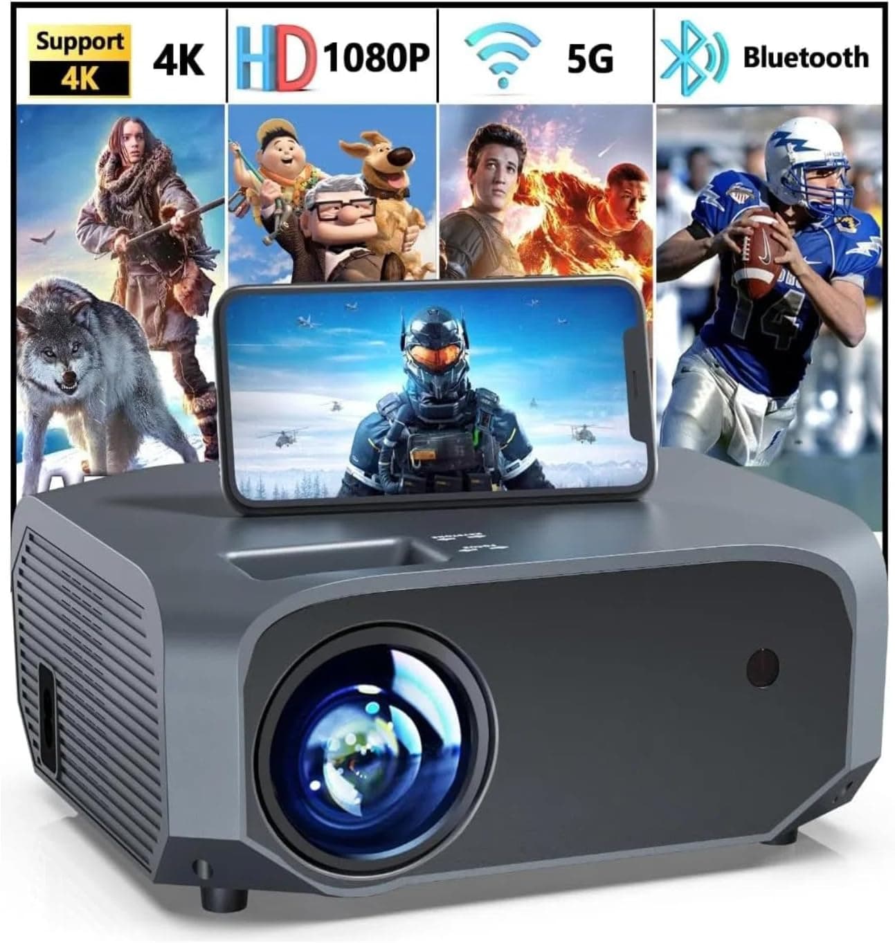 Projector with 5G WiFi and Bluetooth Native 1080P 4K Support, Outdoor Movie Projector with Screen, Portable Home Theater Projector for iOS/Android/TV Stick/Laptop/HDMI/USB