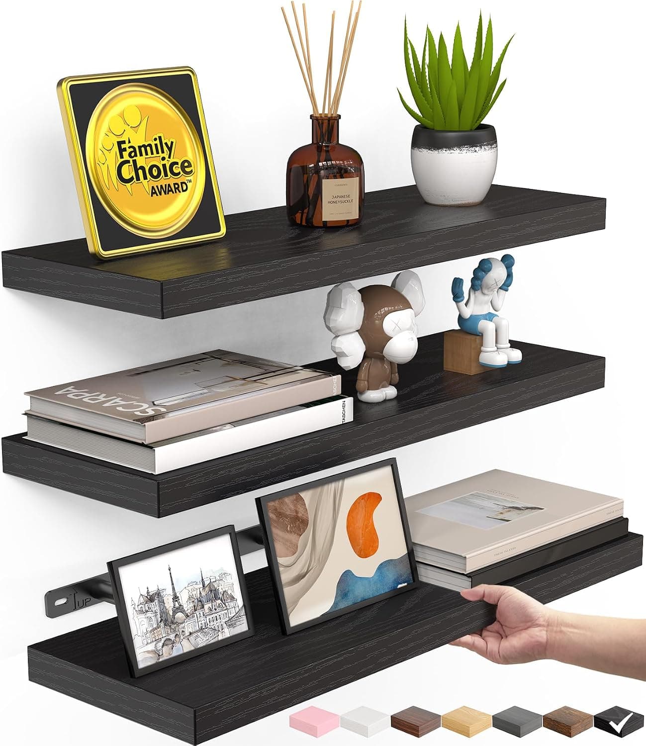 BAYKA Black Floating Shelves 15.7in, Set of 3, Wall Mount Rustic Wood Shelf - image 1