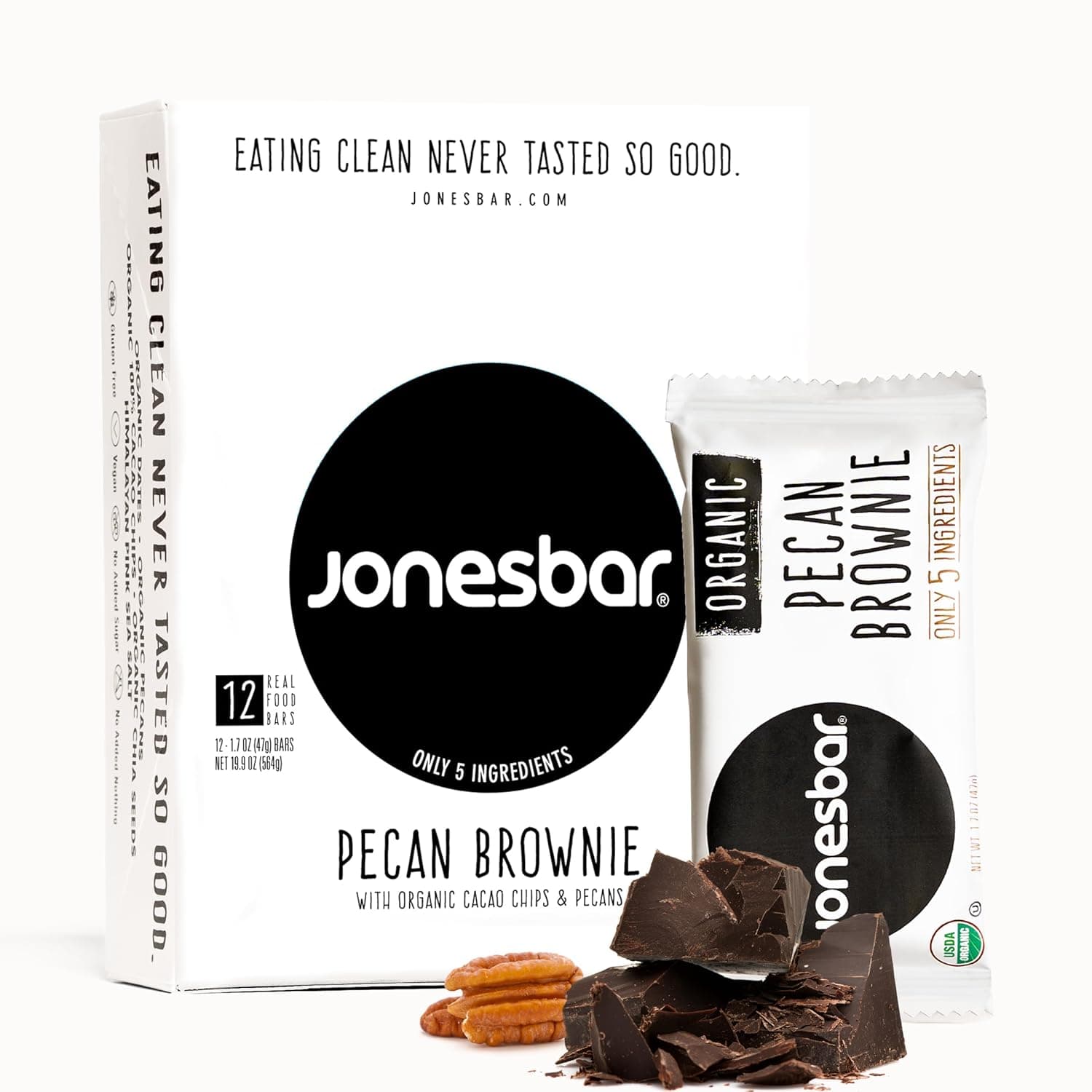 JONESBAR Organic Plant Based Protein Bars | Pecan Brownie | Fruit & Nut Bar, Kosher, Gluten Free, Breakfast Bars, School Snacks, Vegan Snack & Healthy Snacks for Adults and Kids (12 Bars) - image 1
