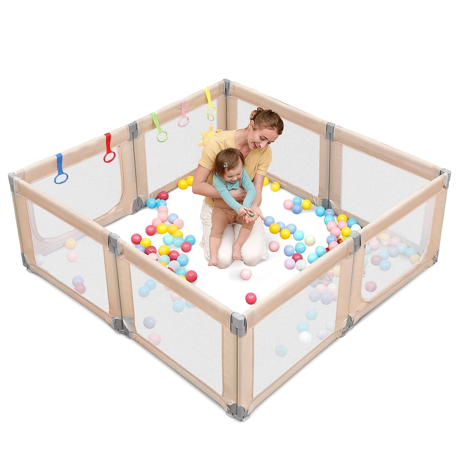 Dripex Foldable Baby Playpen, Extra Large 71"x69" Collapsible Play Pen for Babies - Indoor Outdoor Play Yard with Adjustable Shapes, Baby Fence Play Area with Visible Mesh, Beige