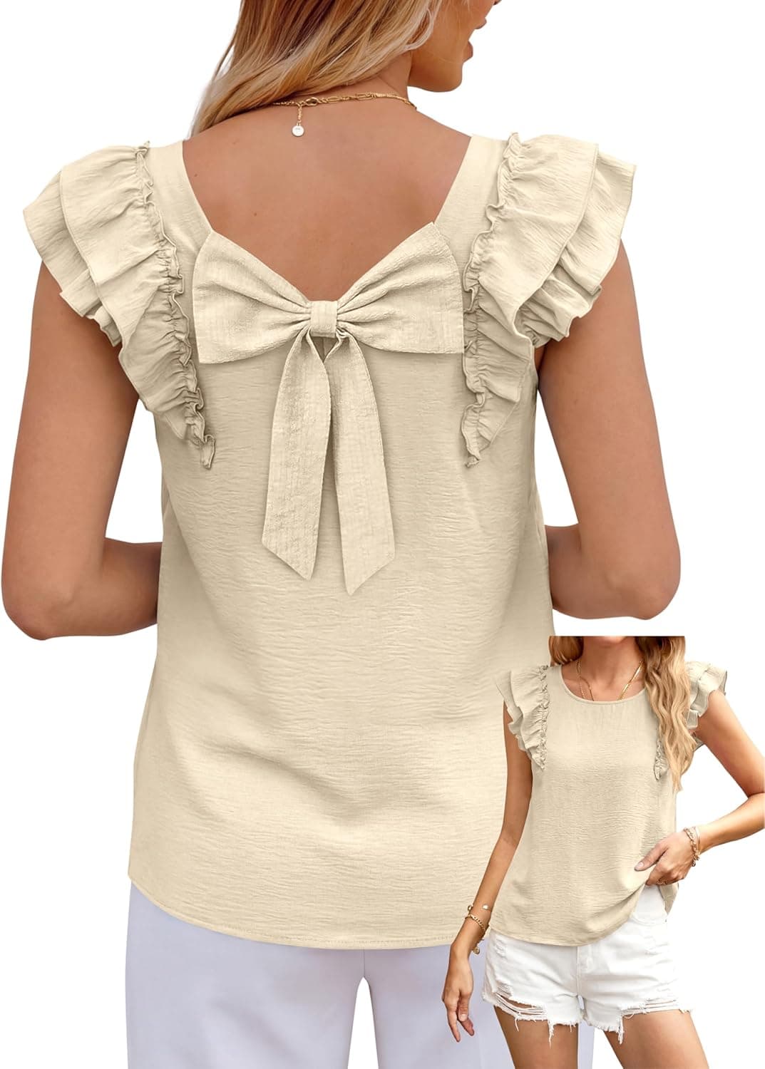 Okiwam Womens Ruffle Short Sleeve Summer Tops Bow Tie Back Blouse Round Neck Cute Babydoll Shirts Summer 2026 Fashion