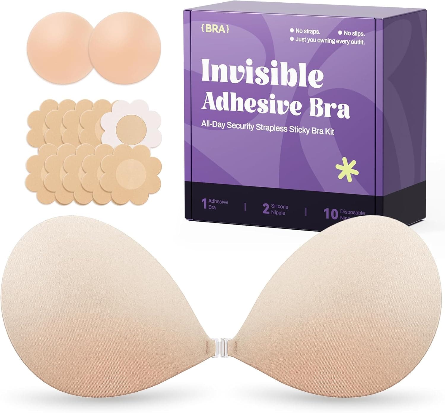 Invisible Strapless Sticky Bra Push up for Women, Ultra Adhesive Bra for Backless Dress, Cleavage Bra Lift Novelty Bras (B Cup, Light Beige) - image 1