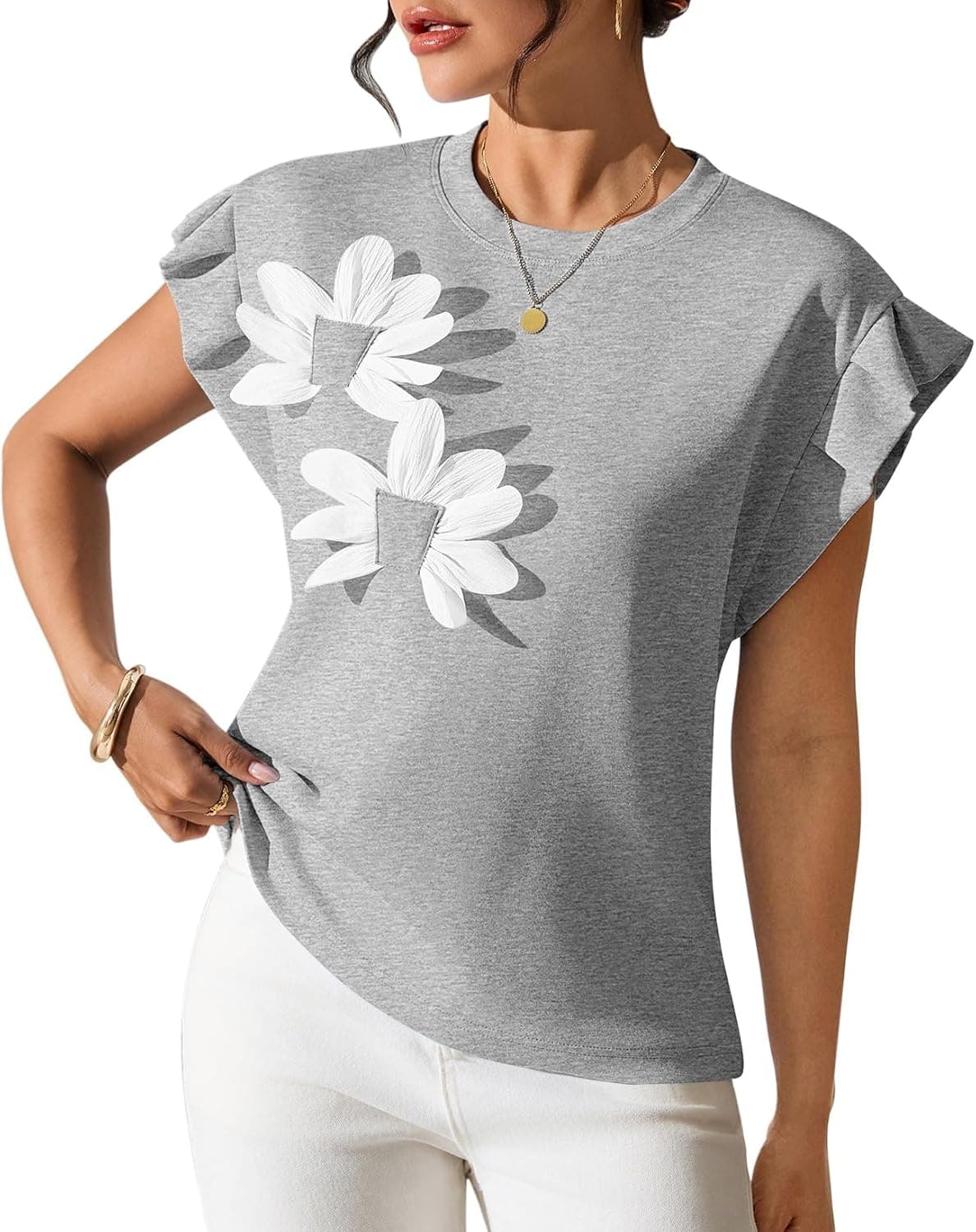 Pink Queen Womens Summer Tops 2026 Fashion Floral T Shirts Ruffle Cap Sleeve Casual Blouses