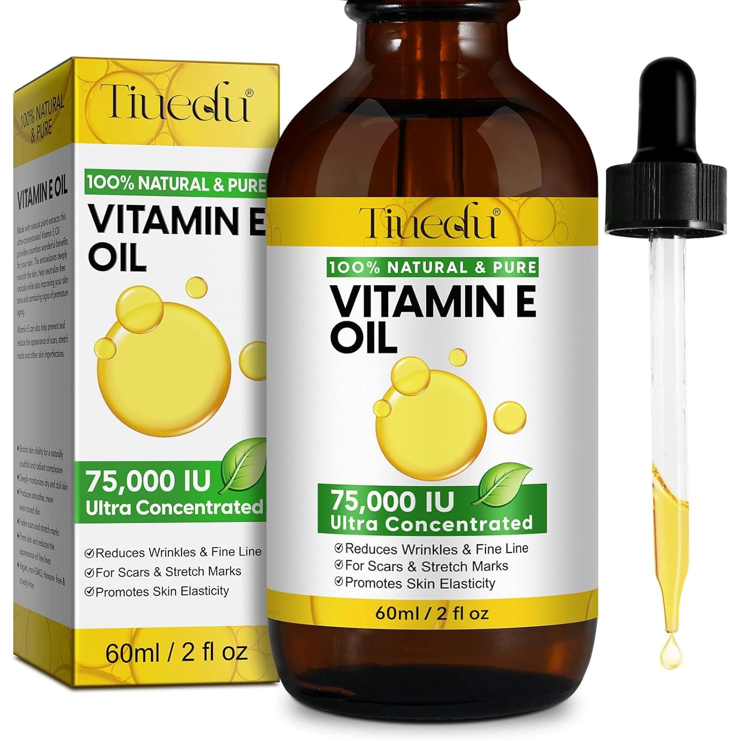 Tiuedu Natural Vitamin E Oil for Skin, Ultra Concentrated Vitamin E Oil for Face, Hair and Scars, Moisturizing Dry Skin Oils, Promotes Skin Elasticity, 2Fl Oz