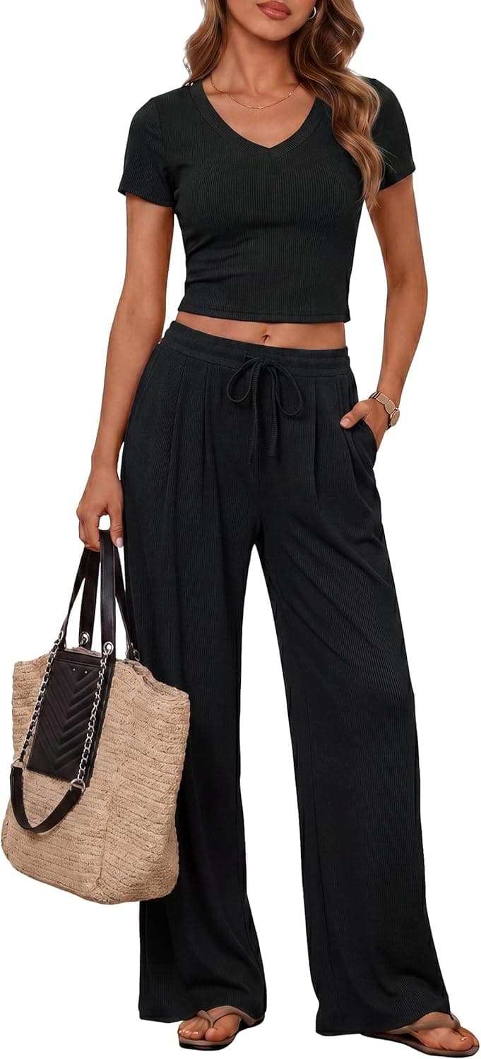 PRETTYGARDEN 2 Piece Sets for Women Summer 2026 Spring Lounge Set Matching V Neck Tops Wide Leg Pants Airport Travel Outfits - image 1