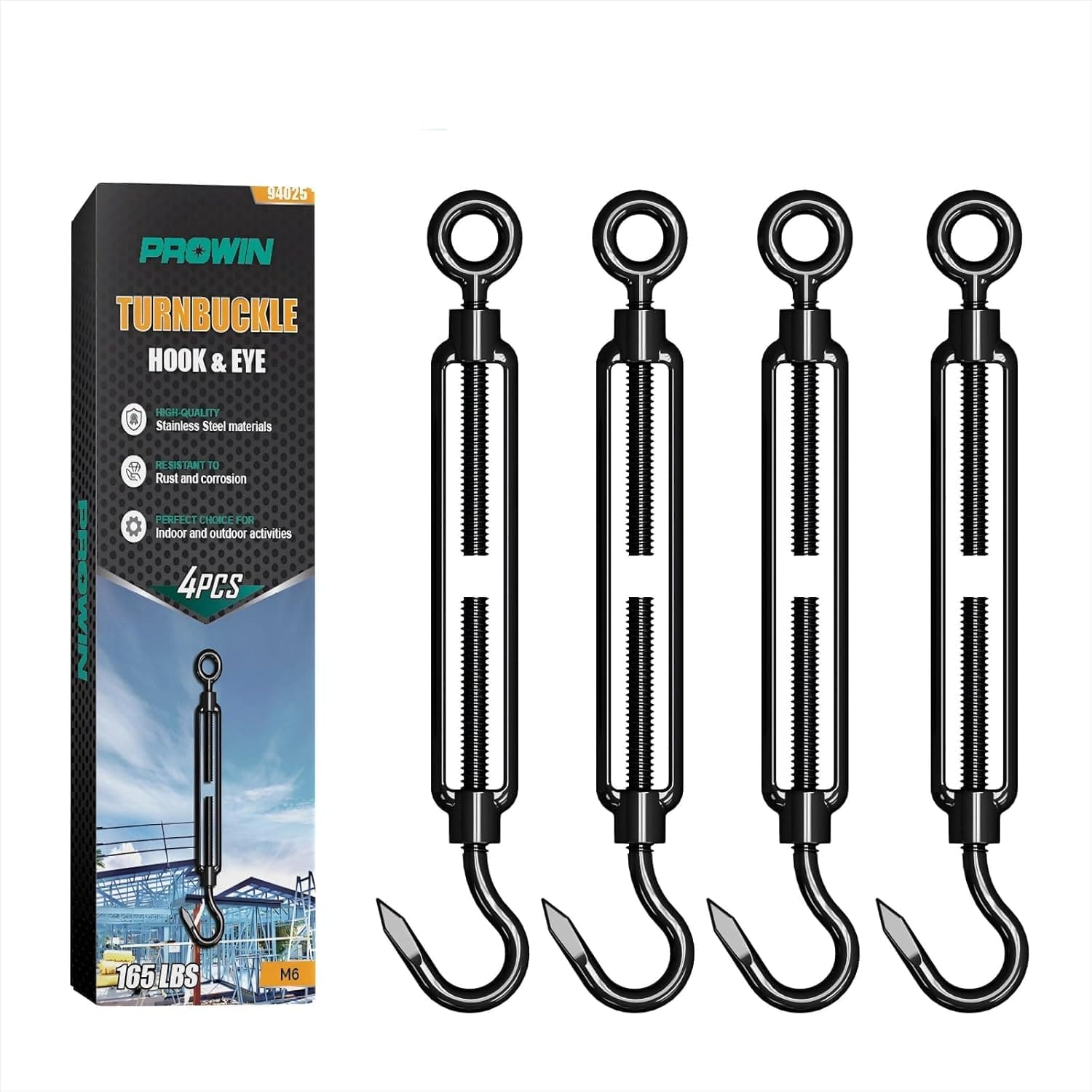 PROWIN 4PCS M6 Hook & Eye Turnbuckle, 304 Stainless Steel with Black Electrophoresis Finish, Heavy Duty Adjustable Tensioner for Shade Sail, Wire Rope, Chain, Clothesline & Tent Installation