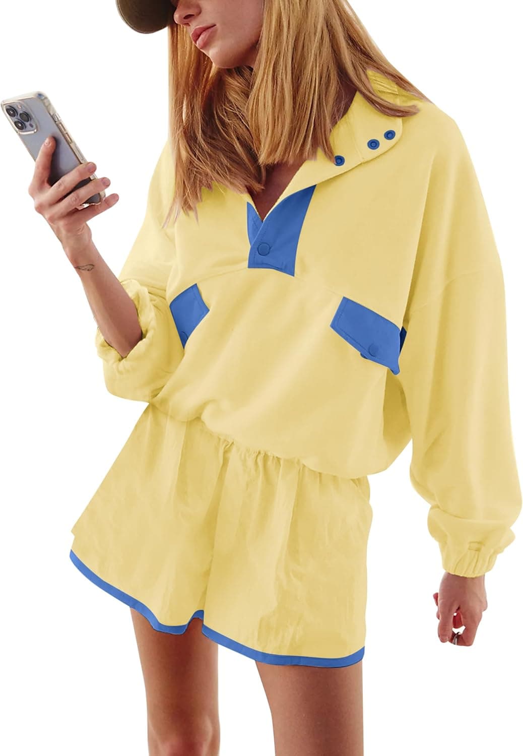 Quarter Button Sweatsuits Women Oversized Color Block Sweatshirts Sets Shorts Tracksuits 2025 Casual 2 Piece Outfits